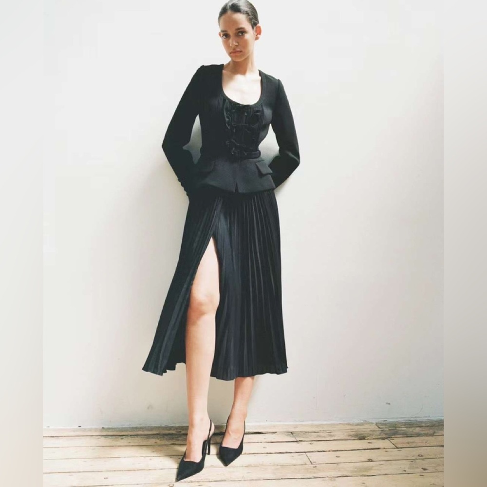 Self Portrait BLACK CREPE AND CHIFFON MIDI DRESS